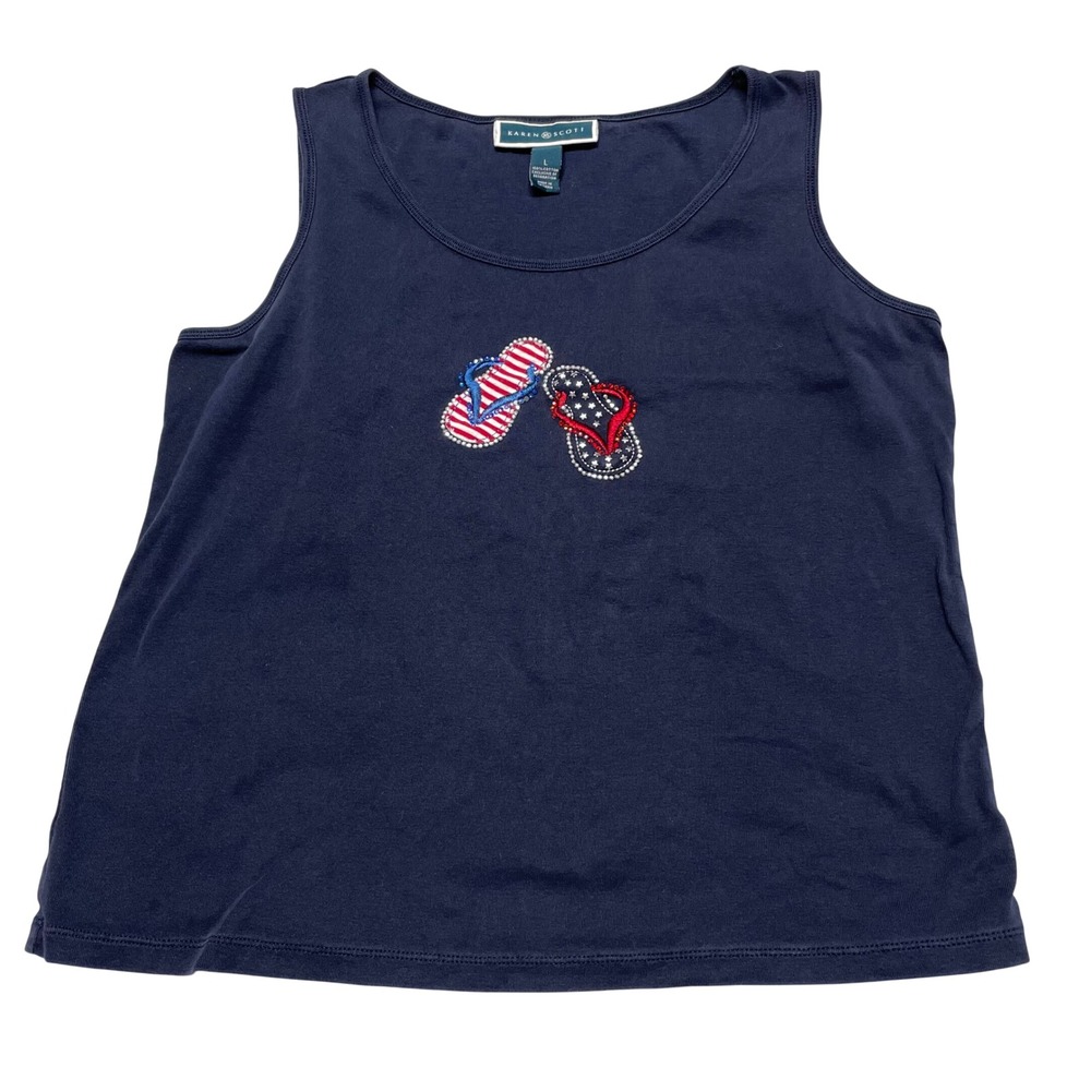 Karen Scott Tank Top Women Large Blue Patriotic Flip Flops Rhinestone‎ Cotton
